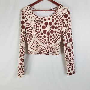 Shein Shirt Womens Large Beige Red Fitted Crop Top Long‎ Sleeve Round Neck